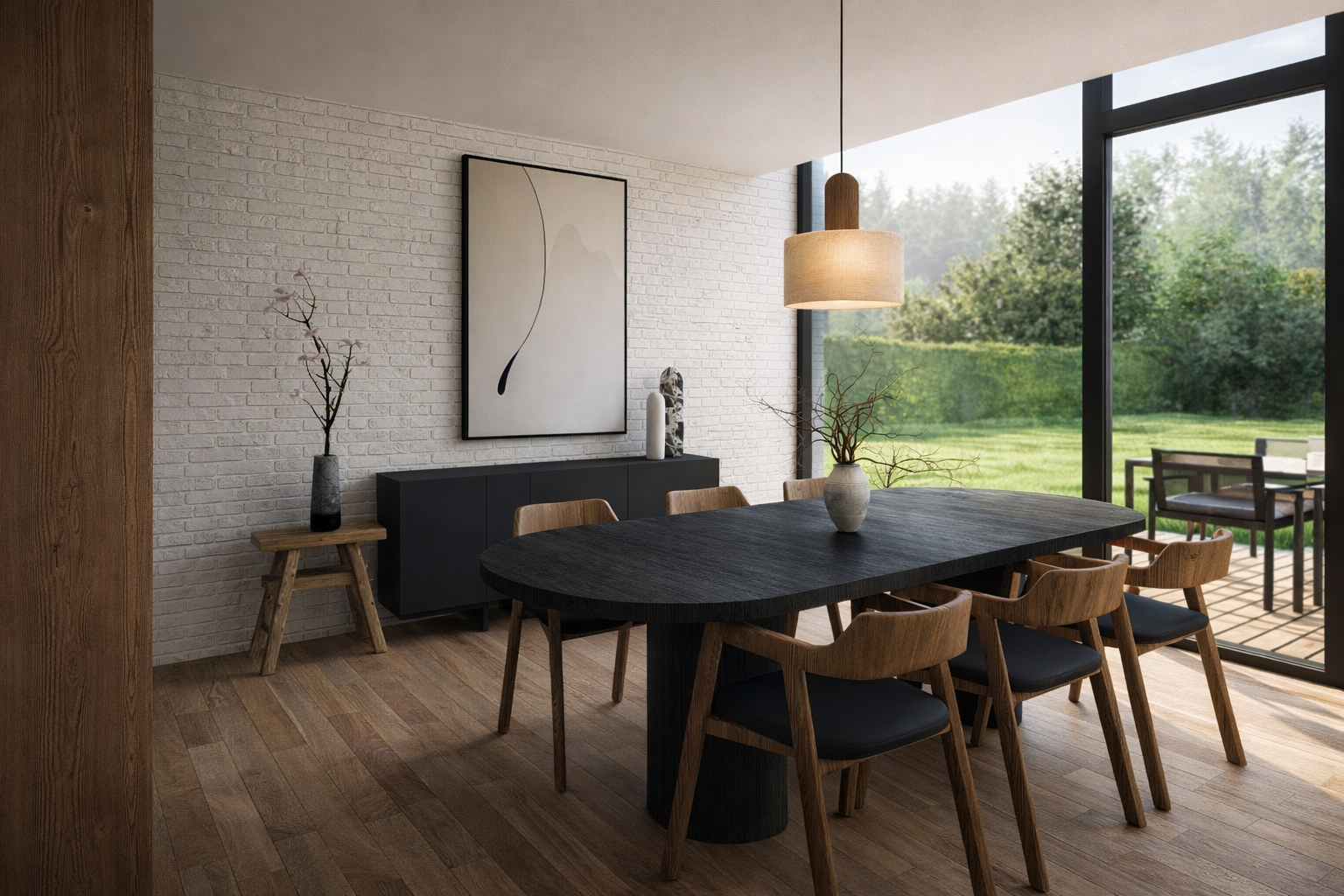 Espace de vie ouvert avec grande table, rendu 3D d’intérieur