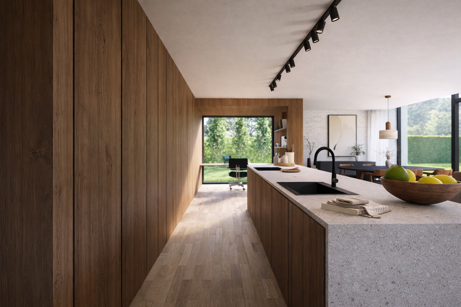 Rendu 3D d’un intérieur rénové avec matériaux naturels